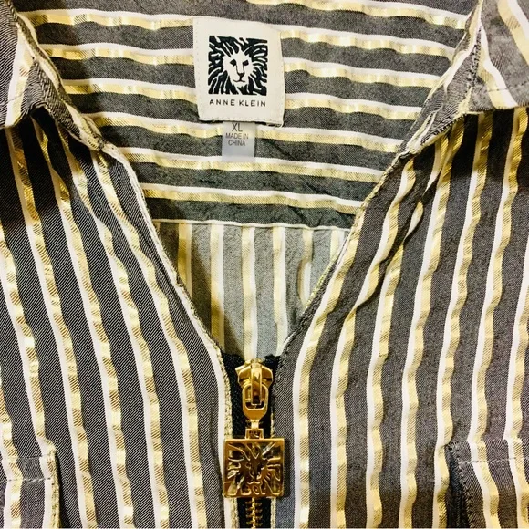 Anne Klein Metallic Gold Gray Striped Zip Front Blouse 3/4 Sleeve Top - XL - Picture 6 of 9